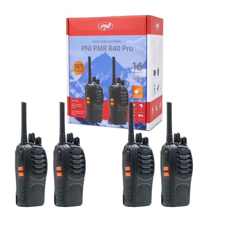 Kit 4 statii radio portabile PNI PMR R40 PRO acumulatori, incarcatoare si casti incluse PNI-R40-4