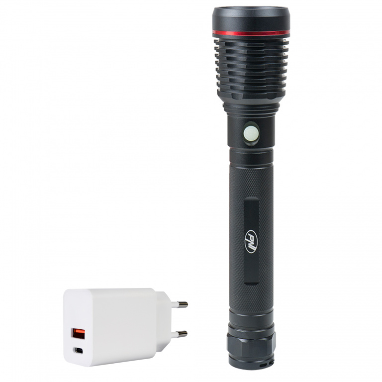 Pachet lanterna PNI Adventure F420 din aluminiu cu LED 10W, 1000lm, pana la 420m, cu 2 acumulatori inclusi, 8000 mAh tip 26650 si alimentator PNI CHG300 cu port USB C, QC3.0, PD3.0, PPS si port USB-A, 30W PNI-CHG3F420