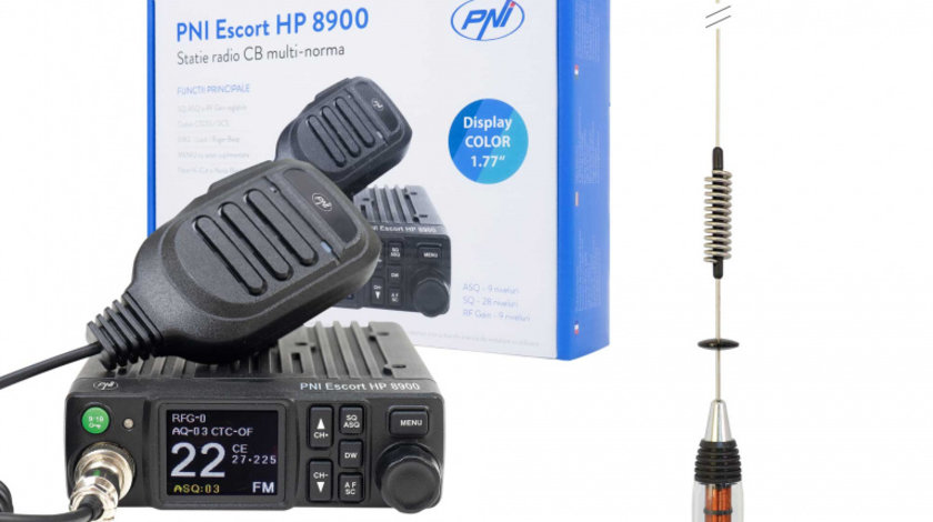 Pachet Statie radio CB PNI Escort HP 8900 ASQ, 12-24V + Antena CB PNI ML70, 70 cm cu baza magnetica 145 mm inclusa PNI-PACK93