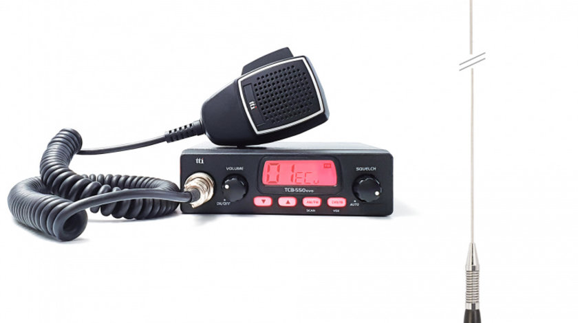 Pachet statie radio CB TTi TCB-550 EVO, VOX, Scaun, ecran multicolor, 12-24V si antena PNI ML100 cu magnet, 100 cm, 26-30MHz, 250W TTI-PACK59