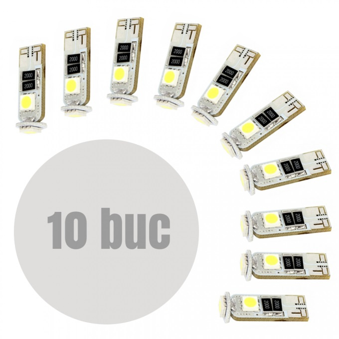 Set 10 Buc Led T10 12V 3W 3 SMD 5050 Canbus Alb 6000K CLD305