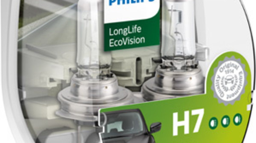 Set 2 Becuri Far H7 55w 12v Long Life Ecovision Philips 12972LLECOS2