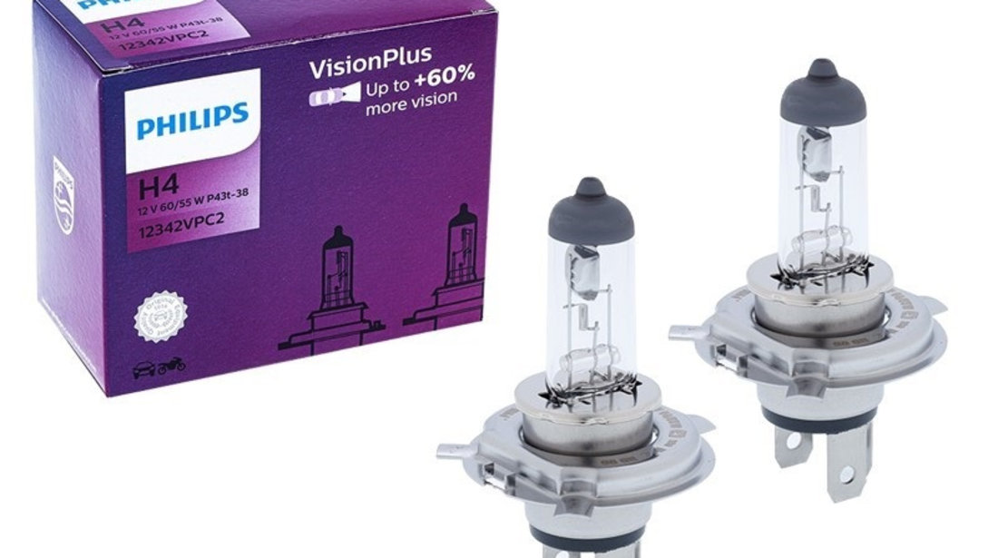 Set 2 Buc Bec Philips H4 12V 60/55W P43T Visionplus +60% PH-37435