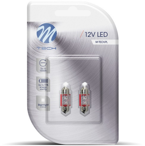 Set 2 Buc Led M-Tech Sofit 12V C5W SV8,5-8 Rosu 31mm LB025R