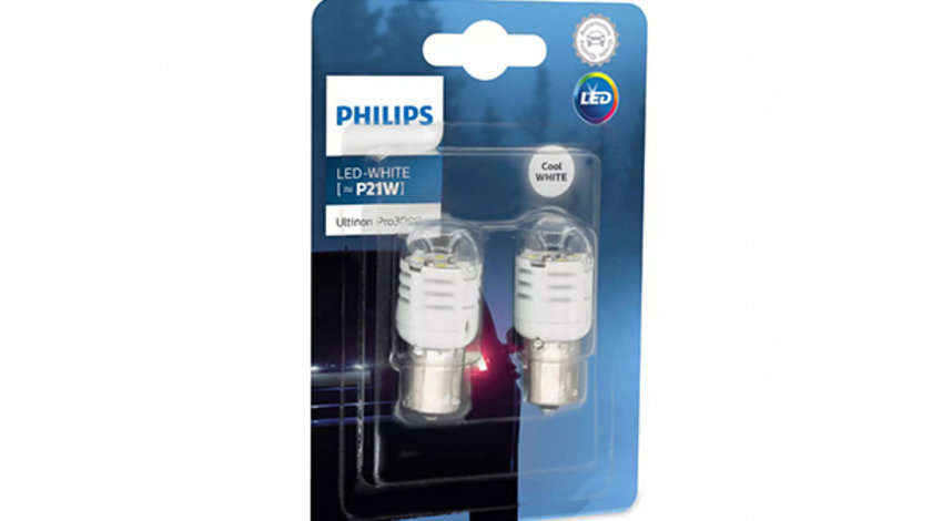 Set 2 Buc Led Philips P21W 12V BA15S White Ultinon Pro3000 Si 11498U30CWB2