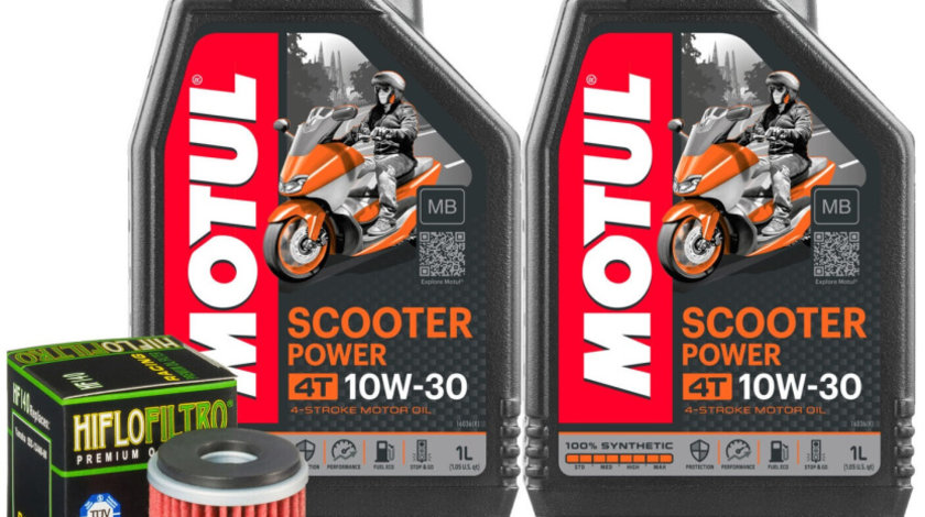 Set 2 Buc Ulei Motor Motul 4T Scooter Power 10W-30 MB 1L 105936 + Filtru Ulei Moto Hiflofiltro Yamaha YP125 R X-Max 2015-2017 HF140