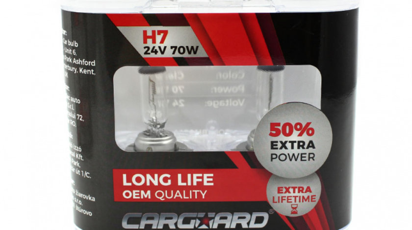 Set de 2 becuri Halogen 24V - H7, 70W, +50% Intensitate - LONG LIFE - CARGUARD BHA044