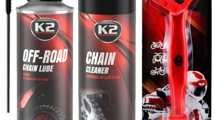 Set K2 Spray Curatat Lant Chain Cleaner 500ML W148NM + K2 Spray Lubrifiant Lant Chain Lube Off Road 500ML W140NM + K2 Perie Curatat Lant W612