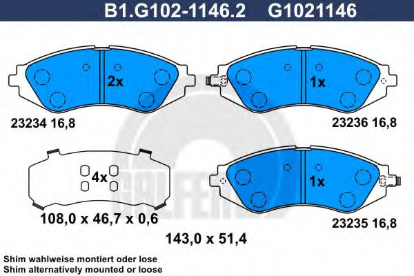 Set placute frana,frana disc DAEWOO NUBIRA Limuzina (KLAN) (2003 - 2016) GALFER B1.G102-1146.2 piesa NOUA