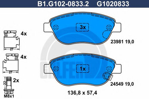 Set placute frana,frana disc FIAT 500L (199) (2012 - 2016) GALFER B1.G102-0833.2 piesa NOUA