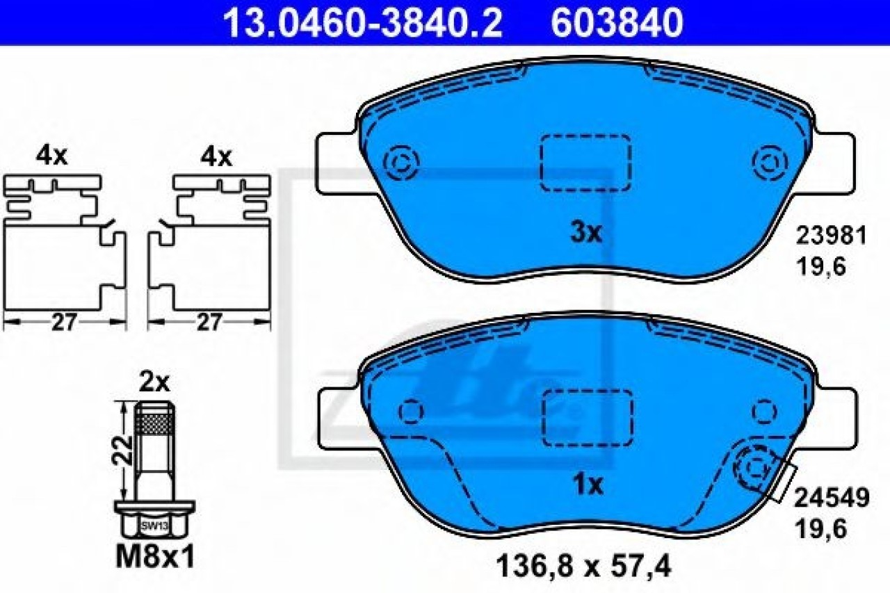 Set placute frana,frana disc FIAT 500L (199) (2012 - 2016) ATE 13.0460-3840.2 piesa NOUA