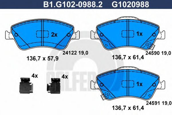 Set placute frana,frana disc TOYOTA AURIS (NRE15, ZZE15, ADE15, ZRE15, NDE15) (2006 - 2012) GALFER B1.G102-0988.2 piesa NOUA