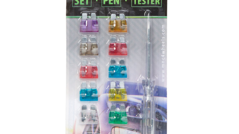 Set siguranțe auto + creion de fază + tester - 10 buc - 6 - 24V, 3 - 30A 05713