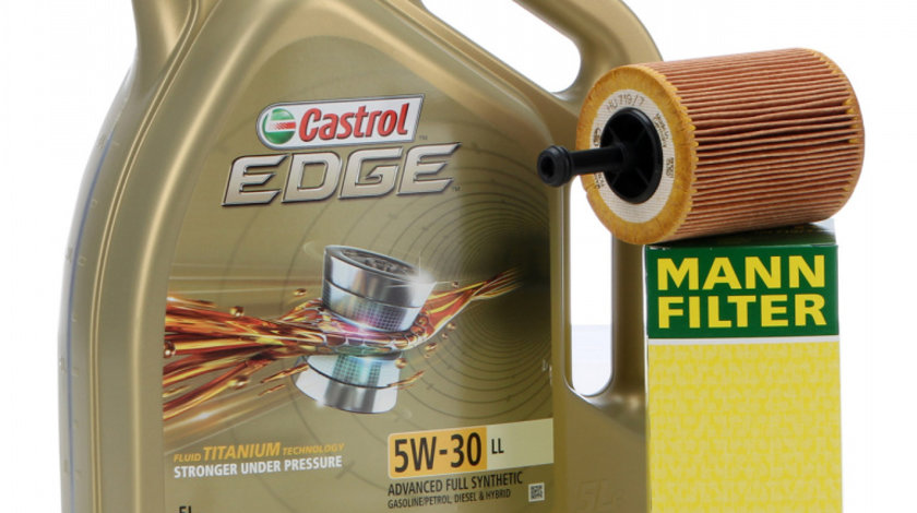 Set Ulei Motor Castrol Edge LL 5W-30 5L + Filtru Ulei Mann Filter HU719/7X + Buson Golire Baie Ulei Oe Volkswagen Lupo 1999-2005 N90813202