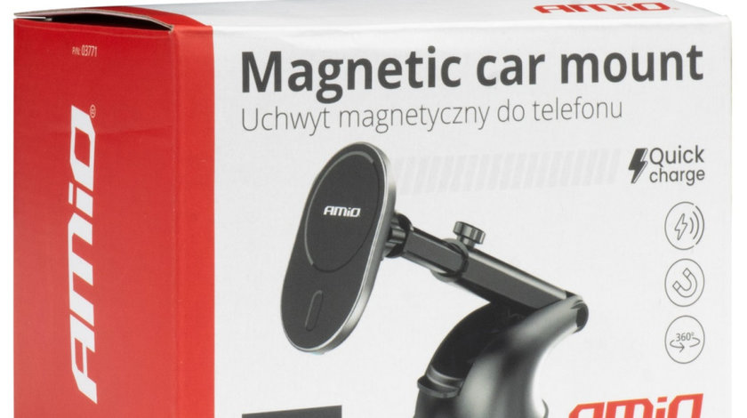 Suport Telefon Auto Magnetic Cu Ventuza Pentru Bord Sau Parbriz Cu Incarcator 15W Amio 03771