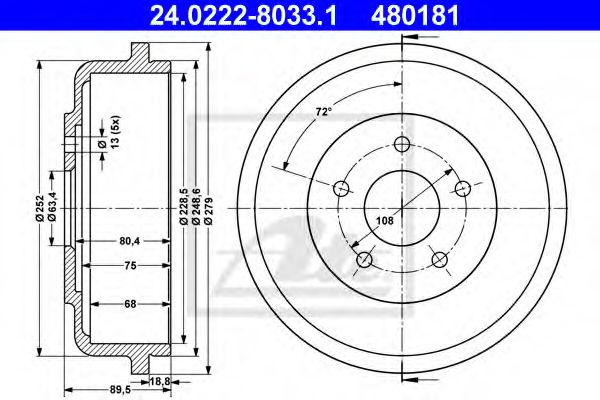 Tambur frana FORD TRANSIT CONNECT (P65, P70, P80) (2002 - 2016) ATE 24.0222-8033.1 piesa NOUA