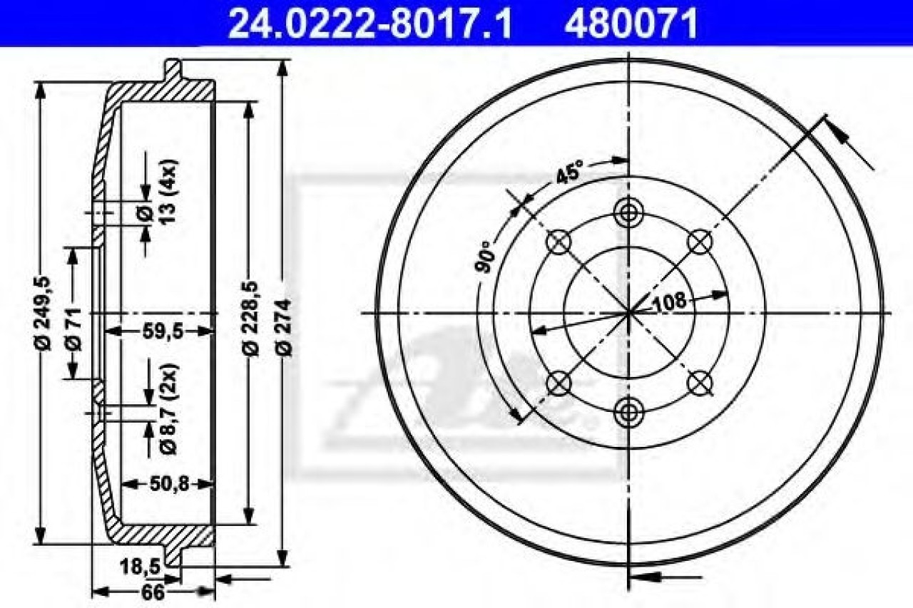 Tambur frana PEUGEOT 306 (7B, N3, N5) (1993 - 2003) ATE 24.0222-8017.1 piesa NOUA